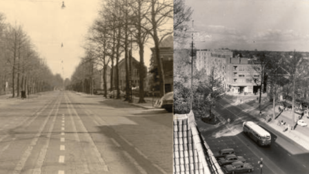 Slotlaan in Zeist gezien vanaf Het Rond, met trambaan en bomenrijen, april 1954.