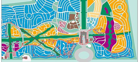 Kaart van begraafplaats met vakindeling en gemarkeerde wandelroute.